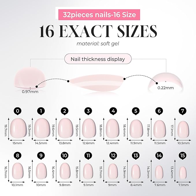 UNA GELLA 32Pcs Soft Gel Press on Nails - 16 Sizes Pastel Baby Pink Round Glue on Nails, Oval Reusable Glossy Natural Pink False Nails, Full Cover Acrylic Nail Kit for Women DIY Home Manicure