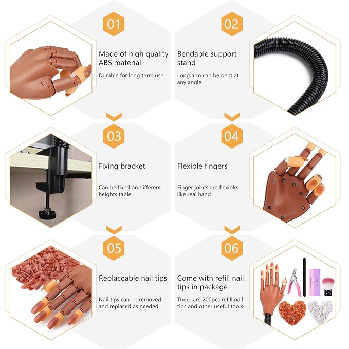 LIONVISON Practice Hand for Acrylic Nails, Flexible Nail Practice Hands Training Kits, Fake Manican Hands for Nails Practice, Movable Nail Maniquin Hand with 300PCS Nail Tips, File, Brush and Clipper