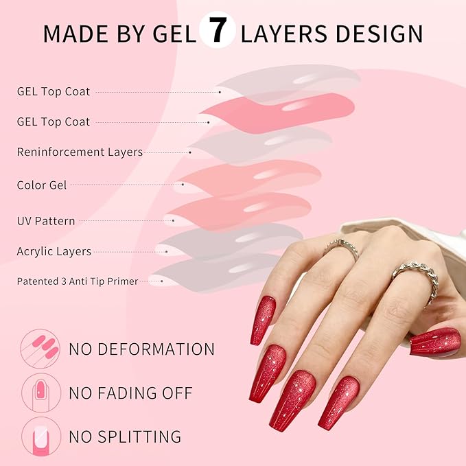 Dark Red Cat Eyes Press On Nails,12 Sizes-24 Pcs Soft Gel Red Medium Coffin Fake Nails Kit with Nail Glue, Natural Reusable Stick On False Nails for Women and Girls SK1000