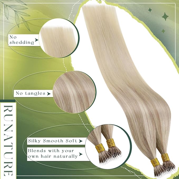 RUNATURE Nano Bead Hair Extensions Human Hair Blonde, Medium-Length Hair, Nano Tip Hair Extensions Ash Blonde, Add Hair Volume for Women, Full Ends, Cold Fusion, Easy to Maintain, 16 Inch 50G 50S