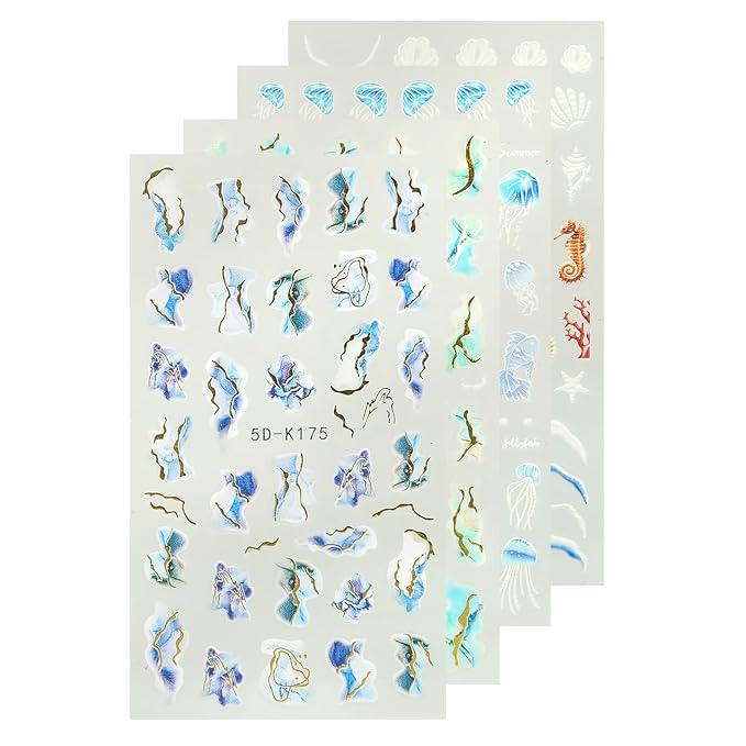 Marble Wave Nail Art Stickers, Ocean Theme Jellyfish Nail Decals Nail Art Design Self Adhesive Nail Supplies for Women Manicure Decoration