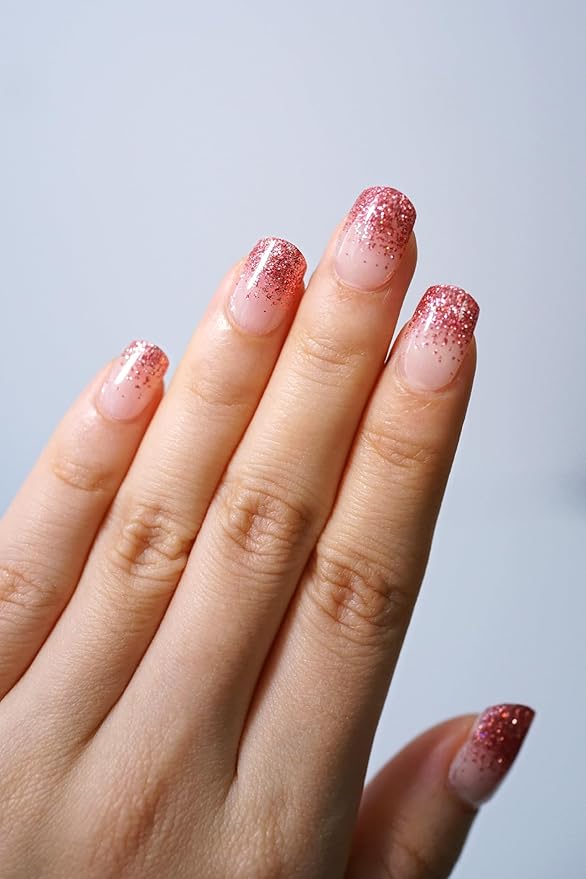 Semi Cured Gel Nail Strips, 20Pcs Long Lasting Salon Quality Wraps, Easy Apply & Remove Gel Nail Stickers with UV Light (Pink Diamond Dust)