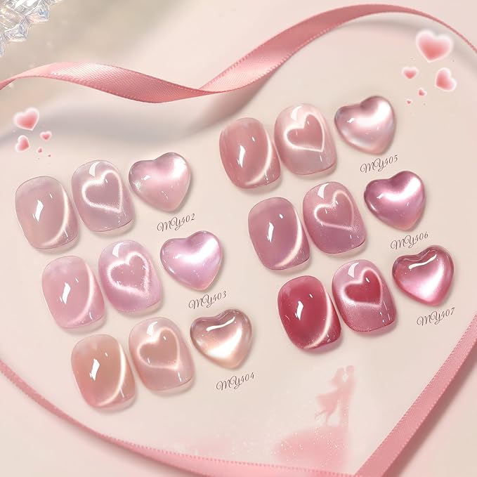 Born Pretty Pink Cat Magnetic Eye Gel Nail Polish,6 Colors Jelly Nude Light Pink Glass Crystal Glitter Shimmer Magnetic Gel Polish, Soak Off U V Gels Valentine's Day Manicure Collection