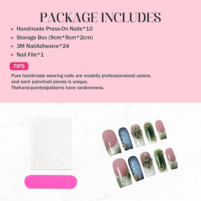 Square Handmade Press on Nails Medium Fake Nails French Tip Glue on Nail with Green Ombre Design Nails Press Ons 3D Flower False Nails Luxury Full Cover Reusable Artificial Nail for Women (Size M)