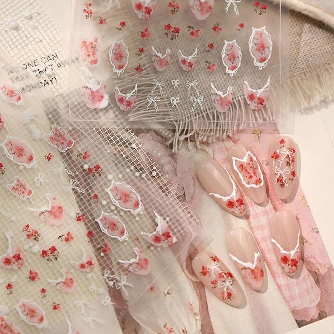 Flower Nail Stickers 5D Embossed White Bow Nail Decals French Tip Design Retro Floral Nails Designs Valentine's Day Nails Supplies for Women Girls DIY Manicure