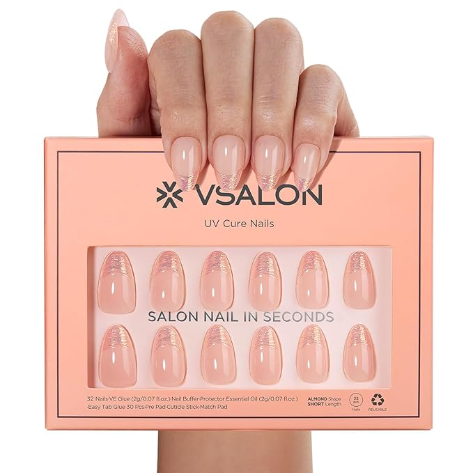 VSALON Press On Nails Short Almond, Aurora Gold French Tip Fake Nails 3D Sculpting Design Glue On Nails With UV Glue, Reusable Stick On Nails Fall Wedding Gift 16 Sizes - 32 Pcs Kit