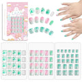 Laza Children Nails Press On Pre-glue Full Cover Light Powder Blue Gradient Sea Wave Pattern Seahorse Shell Glitter Short False Nail Kits for Kids Teenager Girls-Mermaid Pearl