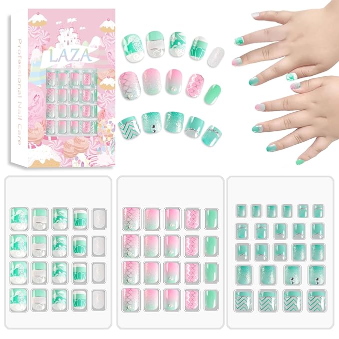 Laza Children Nails Press On Pre-glue Full Cover Light Powder Blue Gradient Sea Wave Pattern Seahorse Shell Glitter Short False Nail Kits for Kids Teenager Girls-Mermaid Pearl