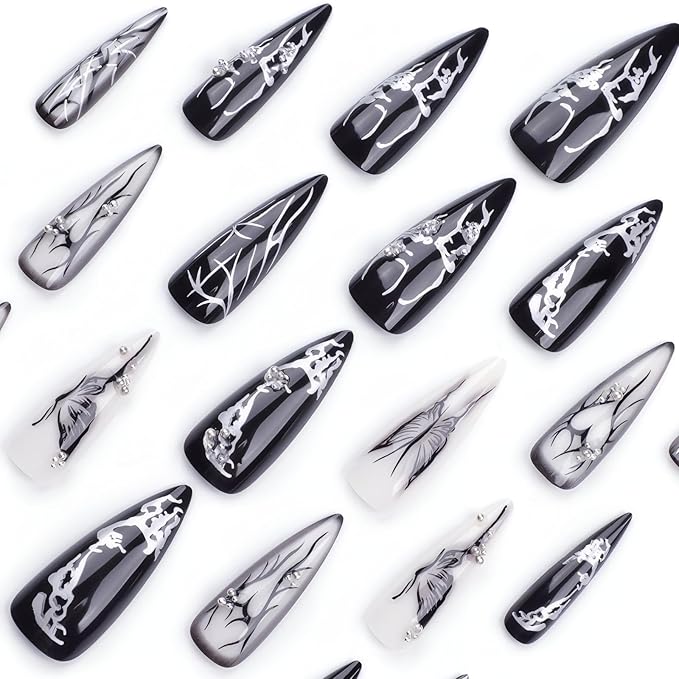 xl Black Press on Nails Long Almond Nails Press Ons Butterfly&Love Design False Nails Full Cover Arificial Glossy Fake Nails Gift for Womens 24pcs