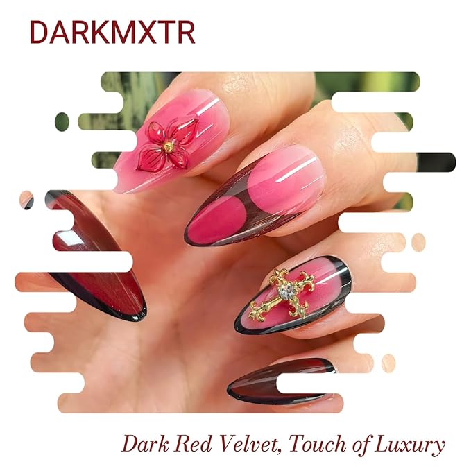 Press On Nails Almond Shape - Gothic Burgundy Pink Rhinestone Cross Design,Easy Application Manicure Set for Work, Party & Daily Use, Perfect for Women and Students
