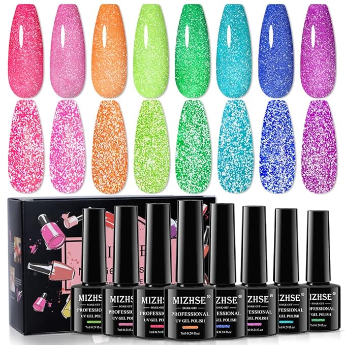 MIZHSE Neon Reflective Gel Polish Set,Sparkly Shiny Disco Shimmer Nail Polish Gel Kit Fluorescent Bright UV LED Soak Off Glitter Nail Gel Polish for DIY Nail Art Salon