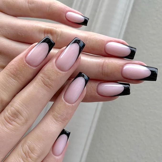 AddFavor French Tip Press on Nails Square Fake Nails, 120pcs Black French Tips Nails Medium Glossy Nude Nails Press on Artificial False Nail Square Stick on Nails with Adhesive Tab for Women Girls