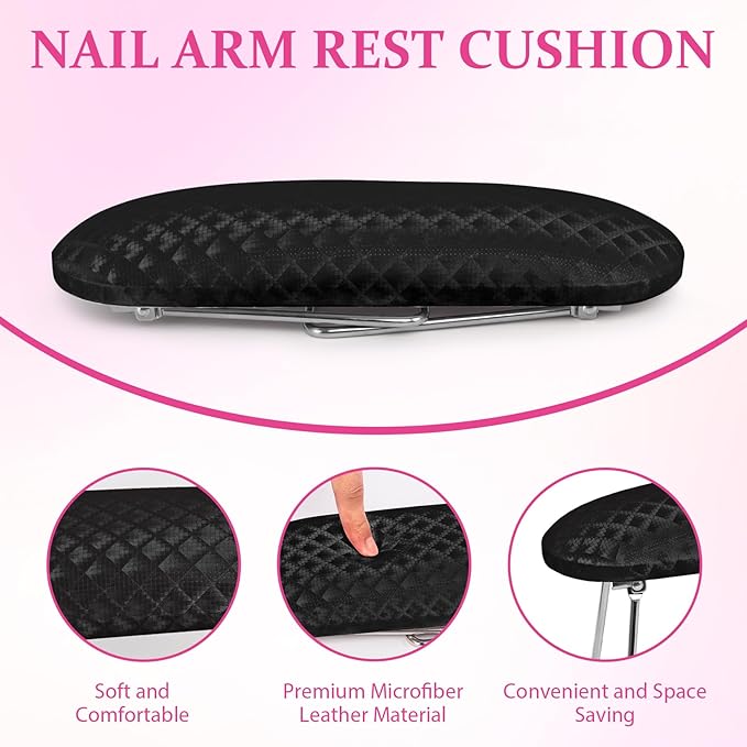 AORAEM Nail Arm Rest, Foldable Leather Nail Arm Rest with Non-slip Sleeve, Internal Sponge Filled Arm Rest Pillow with Metal Bracket, Nail Hand Rest for Home Use and Nail Salon Use (Black)