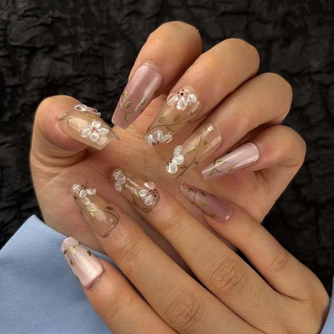 Trendy Handmade Press On Nails Medium Coffin Shape,10Pcs Hand Painted Acrylic Fake Nails with 3D Flower Charm Design Clip On Nail for Woman Gift