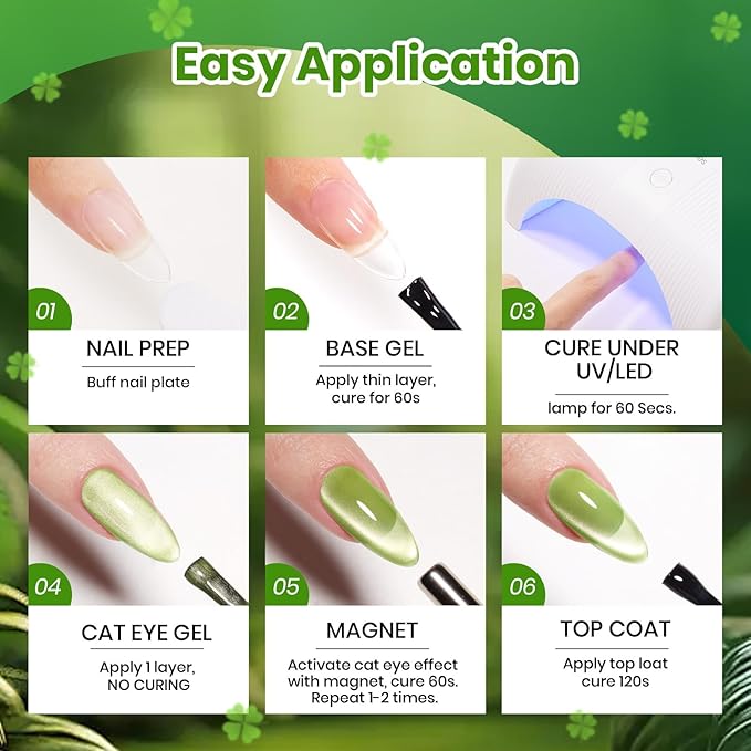 Beetles Green Spirit Cat Eye Gel Nail Polish Set - 6 Colors St Patricks Day Green Cat Eye Glitter Spring Gel Polish Kit Lime Emerald Olive Magnetic Shine Soak Off UV Manicure Gift for Women