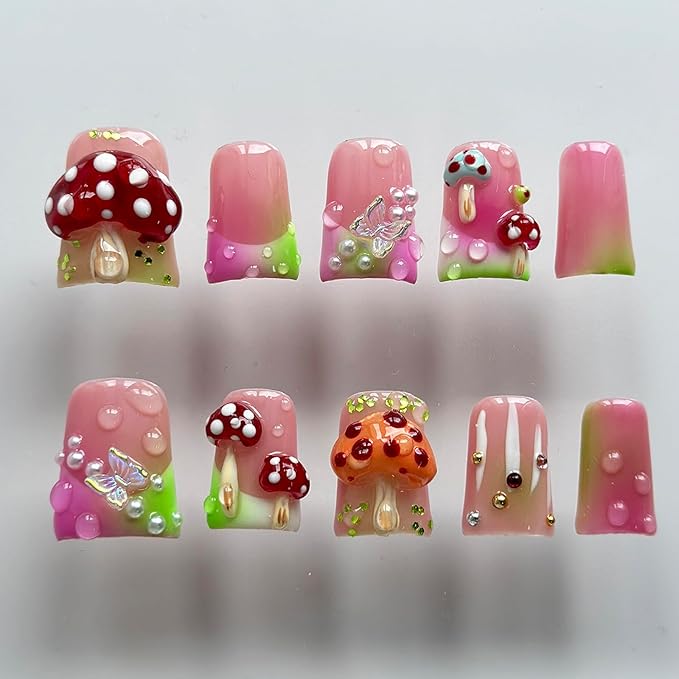 Handmade Press on Nails Short Duck 3D Unique Reusable ABS Material Fake Nails French Tip Luxury Cute False Nails with Designs Mushroom Butterfly Colorful Glossy Glue on Thick Acrylic Nails(M)