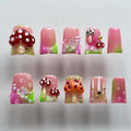Handmade Press on Nails Short Duck 3D Unique Reusable ABS Material Fake Nails French Tip Luxury False Nails with Designs Mushroom Butterfly Colorful Cute Glossy Glue on Thick Acrylic Nails(S)
