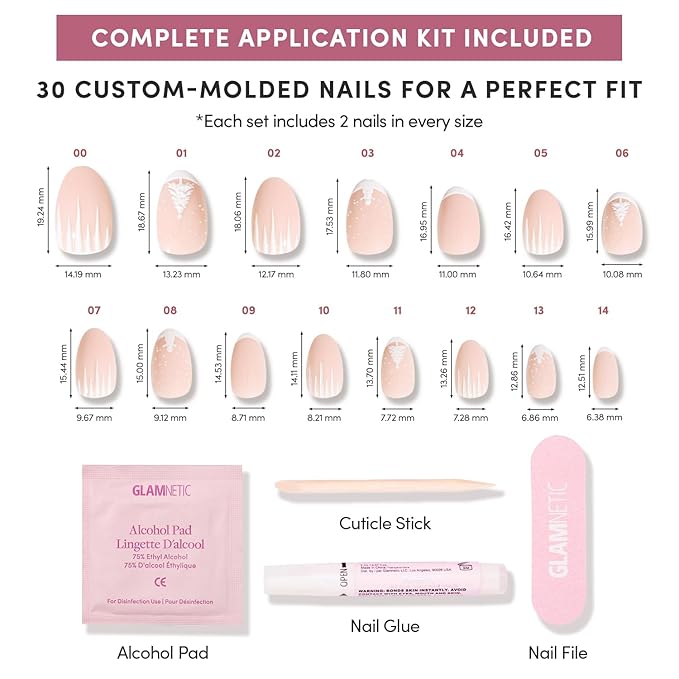 Glamnetic Press On Nails – Winter’s Tale | Short Oval Fake Nails with White French Tips, 3D Tree & Snow Design, Glossy Finish, Salon Quality Winter Nails | 15 Sizes, 30 Nail Kit with Glue