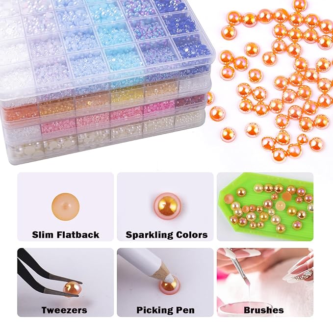 9960pcs Yellow Pearls Rhinestones, Flatback Half Pearls for Crafts Tumblers Shoes Nails Face Art, Assorted Sizes 3/4/6/8mm