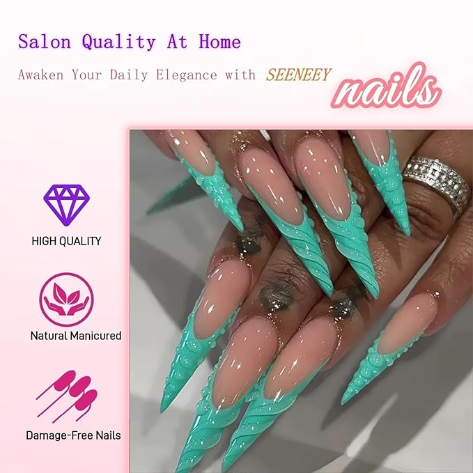 Stiletto Press on Nails Long Fake Nails Green Extra Long Glossy Acrylic Nail Press on French Tip Artificial with 3D Water Droplets Designs Stick on Nail for Women 24pcs