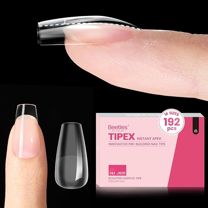 Beetles Tipex Instant Apex Nail Tips Coffin Short 16 Sizes 192 Pcs Pre-Etched Pre-Building Strong Thick Acrylic Tips