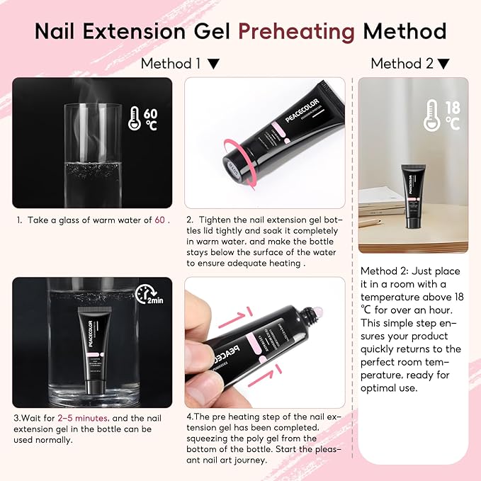 PEACECOLOR 24Pcs Poly Nail Gel Kit Starter Kit with Nail Lamp 6 Colors Pink Nude Black Poly Nail Extension Gel with 3Pcs Glossy/Matte Top Coat Nail Rhinestones DIY Home Gifts for Women