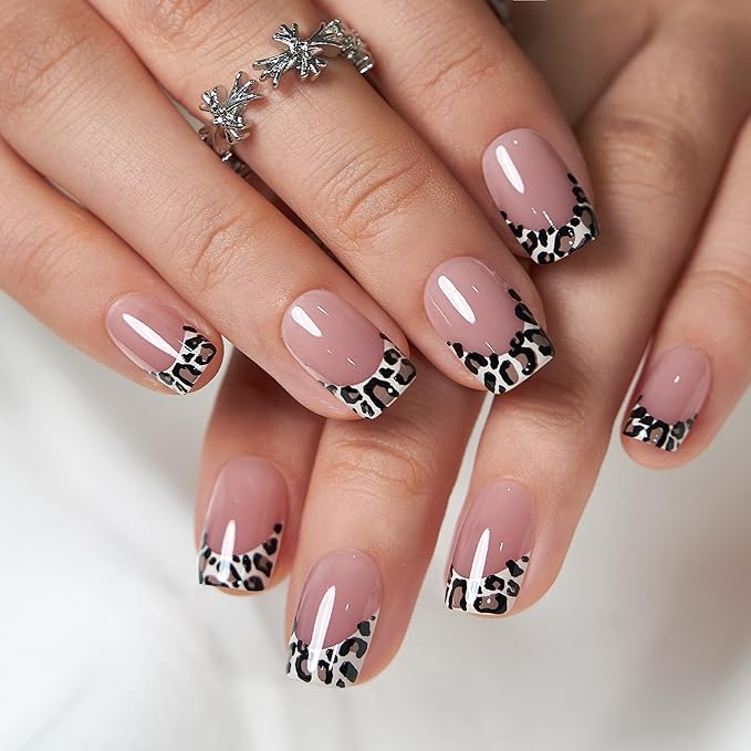 CurvLife Press On Nails Medium Square – Nude Pink Leopard French Tip Fake Nails, Reusable Soft Gel Glue On Nails with Adhesive Tabs, Natural Fit, Salon Quality for Women