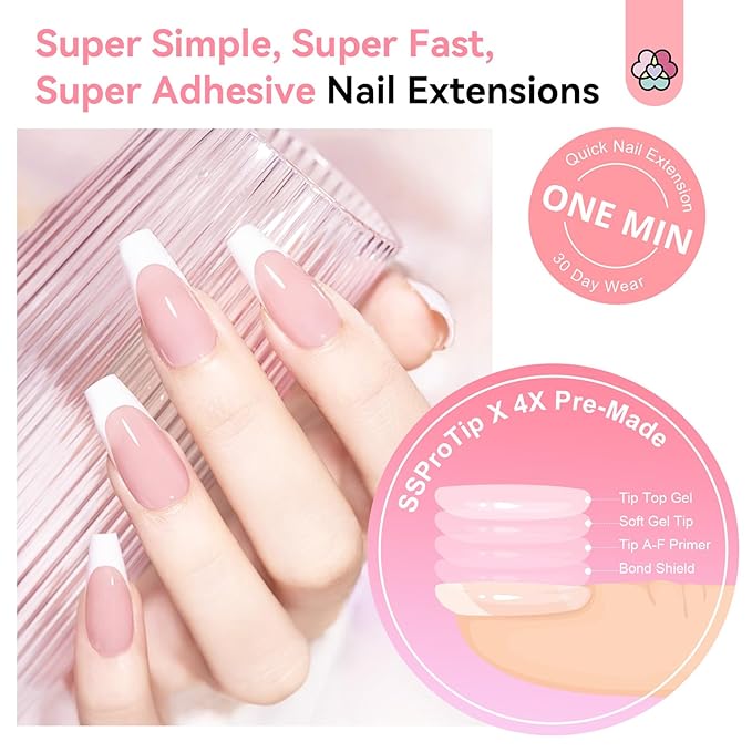 SAVILAND Gel Nail X Kit with Everything: 16 Sizes French Tips Press On Nail Kit with Drill Coffin Tips Soft Gel Fake Nails with Solid Glue Gels U V Lamp Gels Glue French Tip Tool Home