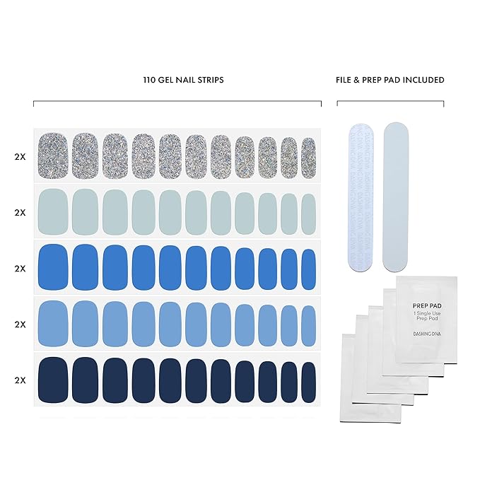 Dashing Diva Gloss Nail Strips 5-in-1 Kit - Best of Blues - UV Free, Chip Resistant, Long Lasting Gel Nail Stickers - Contains 110 wraps, 5 prep pads, 2 nail files