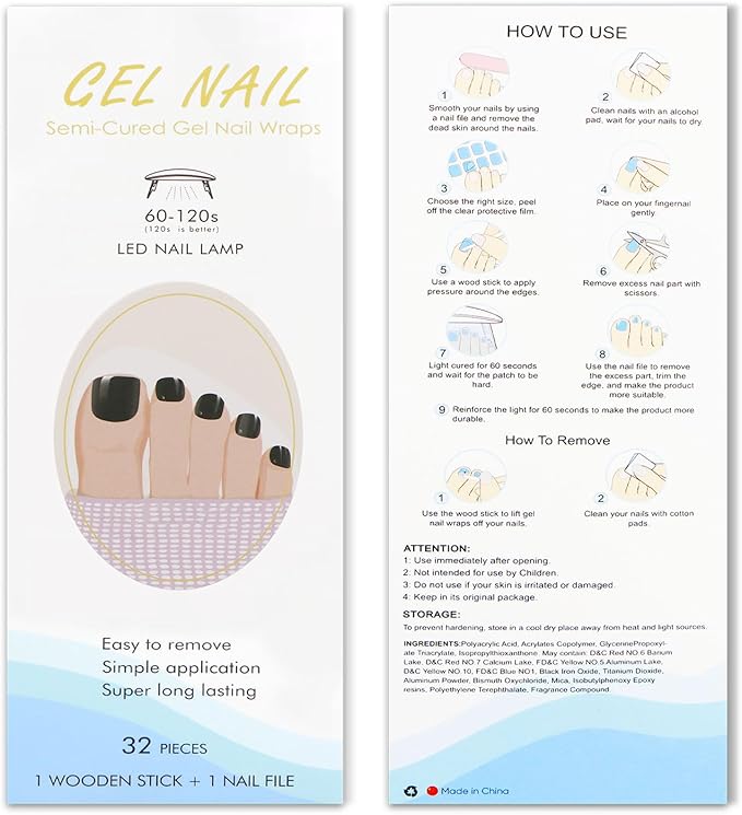 JMEOWIO Gel Toenail Stickers Black Semi Cured Gel Strips Wraps UV/LED Supplies Toenail Art Design Decoration Accessories