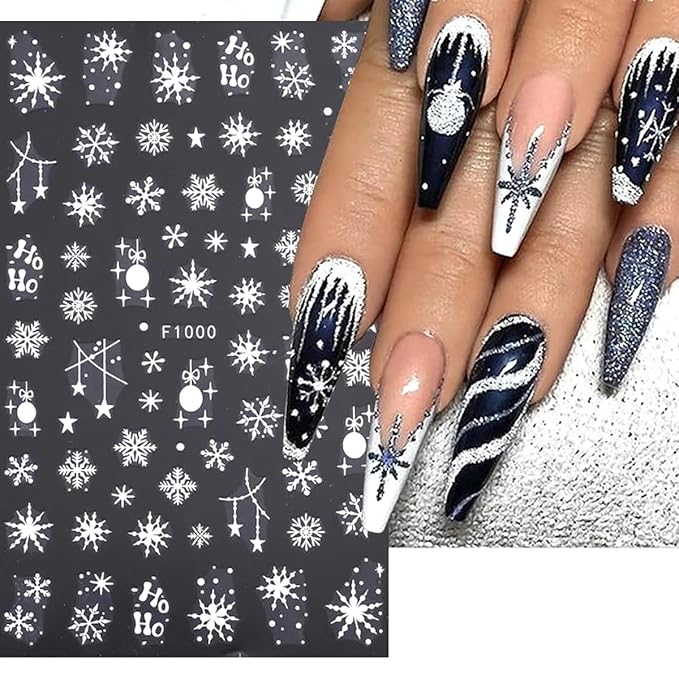 10 Sheets Christmas 3D Snowflake Nail Art Stickers - White Self-Adhesive Glitter Design Winter Decals for Xmas and New Year - DIY Acrylic Nail Supplies for Women and Girls
