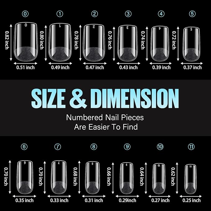 TOMICCA Short Square Nail Tips, Acrylic Gel Tips 240Pcs Fake Nails Full Cover 12 Sizes False Nails Half Matte for Nail Extension Home DIY Salon