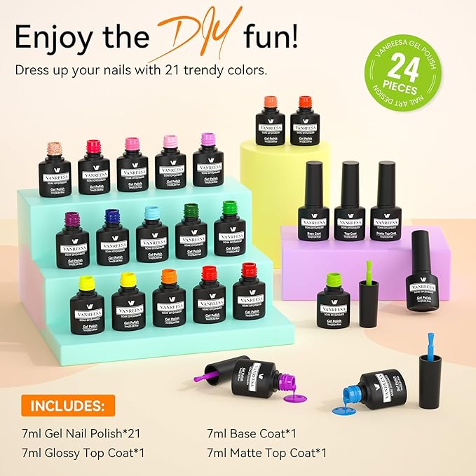 VANREESA 24 Pcs Gel Nail Polish Set, 21 Colors Bright Gel Polish with Base Coat Glossy & Matte Top Coat Red Orange Yellow Green Blue Pink Purple Gel Polish Kit Nail Kit Gifts for Women