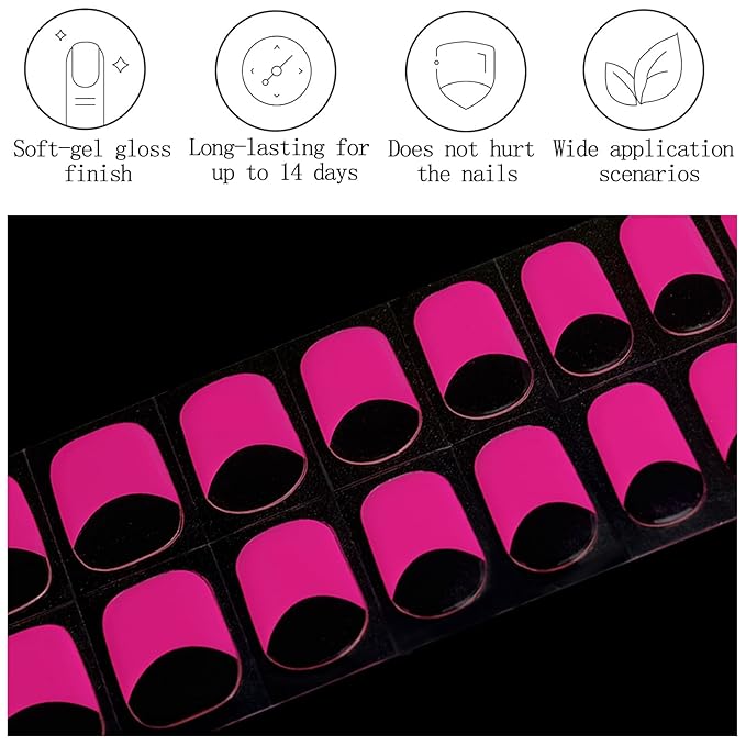 Fuchsia Semi Cured Gel Nail Strips French Tip 20Pcs Clear UV Gel Nail Stickers Glossy Hot Pink Nails Polish Strips UV/LED Light Needed Self Adhesive Full Polish Nails Wraps for Women