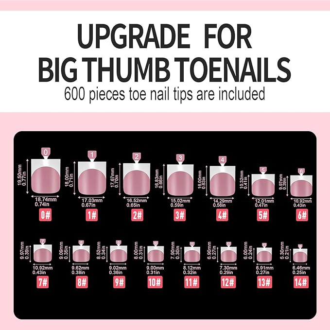 Vansiho 600 pcs French Tip Toe Nail Tips Press on, Pink White French Tips Toenail Press on Square for Women, Soft Gel Fake Toe Nails, Acrylic Nails Soak off Toe Nail Home DIY 15 Sizes