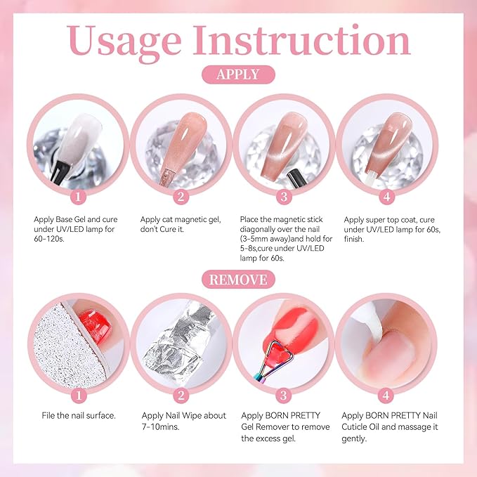 Born Pretty Pink Cat Magnetic Eye Gel Nail Polish,6 Colors Jelly Nude Light Pink Glass Crystal Glitter Shimmer Magnetic Gel Polish, Soak Off U V Gels Valentine's Day Manicure Collection