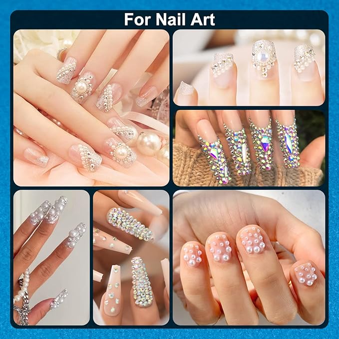 BELLEBOOST Nail Art Rhinestone Glue Gel&2 Boxes Flatback Gems Kit, 1 Tube of 15ml Rhinestone Gel Glue(UV/LED Needed)+Round AB Gems+Flat-Back Half Round White&Beige Pearls with Pickup Tools