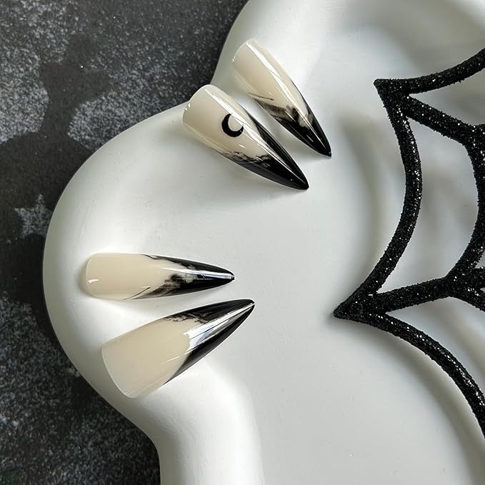 Halloween Nails - Gothic French Reusable Stiletto Press On Nails with Design, Glossy Acrylic Finish - Dark Witch Color, Full Coverage for Women and Girls