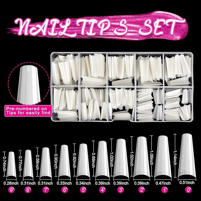 MORGLES Natural Coffin Nail Tips, Natural Coffin Nail Tips Half Cover with Glue, Clipper, Files, Cuticle Pusher and Fork for Salons and Home DIY with Box