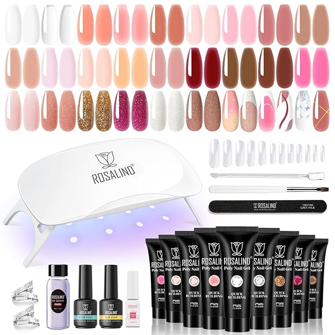 ROSALIND Poly Nail Gel Kit -24 Colors + Pink Glitter with Accessories Clear Nude Poly Nails Gel Starter Kit with Mini UV Lamp Slip Solution Base Top Coat Nude Pink Extensions Set