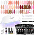 ROSALIND Poly Nail Gel Kit -24 Colors + Pink Glitter with Accessories Clear Nude Poly Nails Gel Starter Kit with Mini UV Lamp Slip Solution Base Top Coat Nude Pink Extensions Set