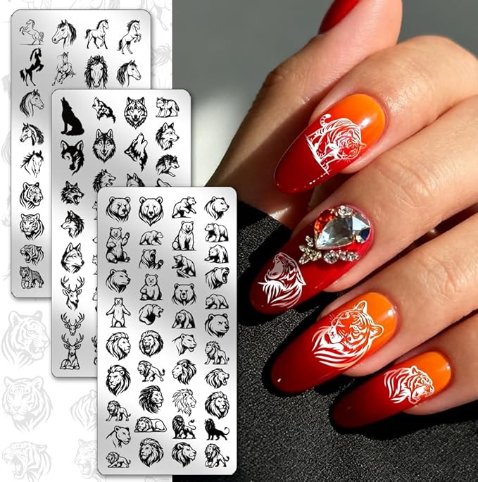 PH PandaHall 3pcs Wild Animal Nail Stamping Plates, Tiger Lion Wolf Nail Art Templates Fierce Animal Wildlife Stainless Steel Image Plate Art Stencils with Tools for DIY Print Manicures Salon Design