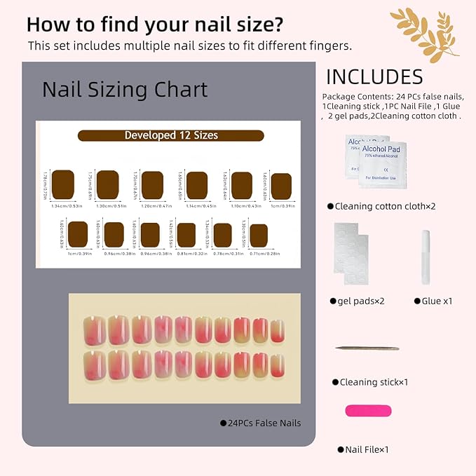 Peach Blush Fruit Gradient Press on Nails Short Almond, Glossy Nude Pink Ombre Fake Nails for Women, Reusable Full Cover Acrylic Stick on Nails for Summer Vacation & Daily Aesthetic Manicure