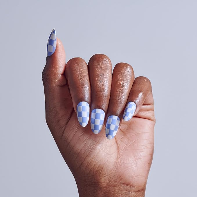 KISS CORE, Press On Nails, Nail glue included, 'Credit', Blue, Medium Size, Almond Shape, Includes 32 Nails, 2g Glue, 1 Manicure Stick, 1 Mini File