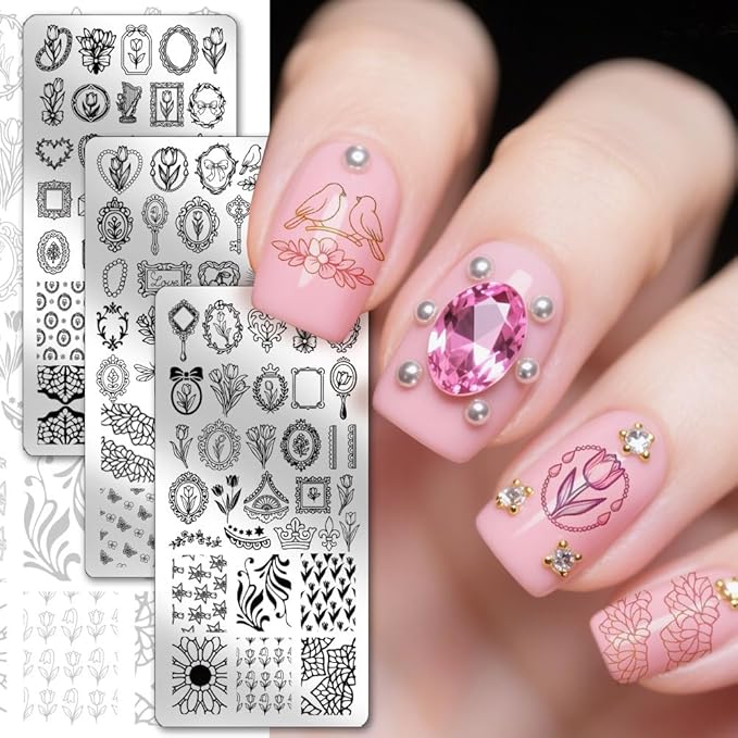 PH PandaHall 3pcs Tulip Nail Stamping Plate Vintage Mirror Nail Art Templates Picture Frame Manicures Image Plates Flower Nails Art Stencils Nail Stamper for Women Print Manicures Salon Design