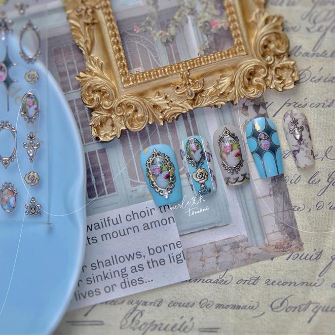 Gold Frame Nail Stickers Vintage Frame Conch Nail Designs Flower 5D Embossed Golden Rose 3D Self-Adhesive Floral Nails Decals for Women DIY Manicure 1 Sheet
