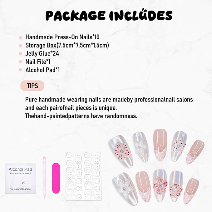 Handmade Press on Nails Luxury 3D Flower False Nails Designs Thickened Salon Quality Acrylic Nails Full Cover French Tip Fake Nails Medium Almond Stick on Nail for Women DIY Manicuare（Size S)