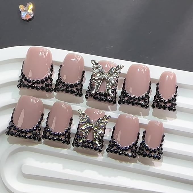 10 Pcs Handmade Press on Nails Medium Duck Fake Nails French Tip Full Cover Nude Pink Nails Press Ons Artificial Acrylic Black Rhinestone and Butterfly Design Stick on Nail for Women(Size S)