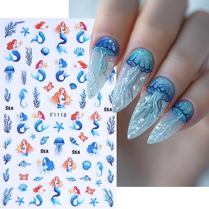 Marine Life Nail Art Stickers -3D Cute Mermaid Nail Decals Self Adhesive Small Whale Nail Stickers with Little Fish Jellyfish Designs Nail Decal Summer Nail Supplies for Women DIY Manicure Decoration