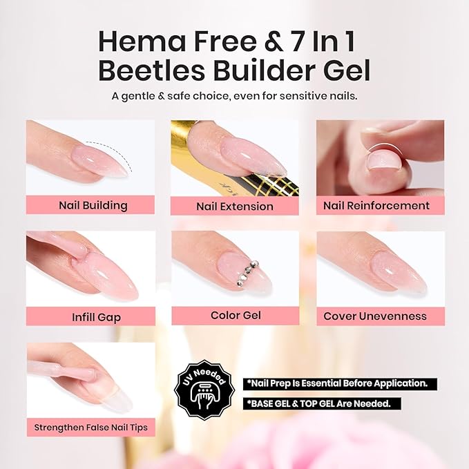 Beetles Builder Gel HEMA Free-Lady with Dreams Glitter Pink 0.51 oz 8 in 1 Nail Thickening Strengthening Building Apex for Beginner DIY Salon at Home, Pink Builder Nail Gel, UV & LED Lamp Cured